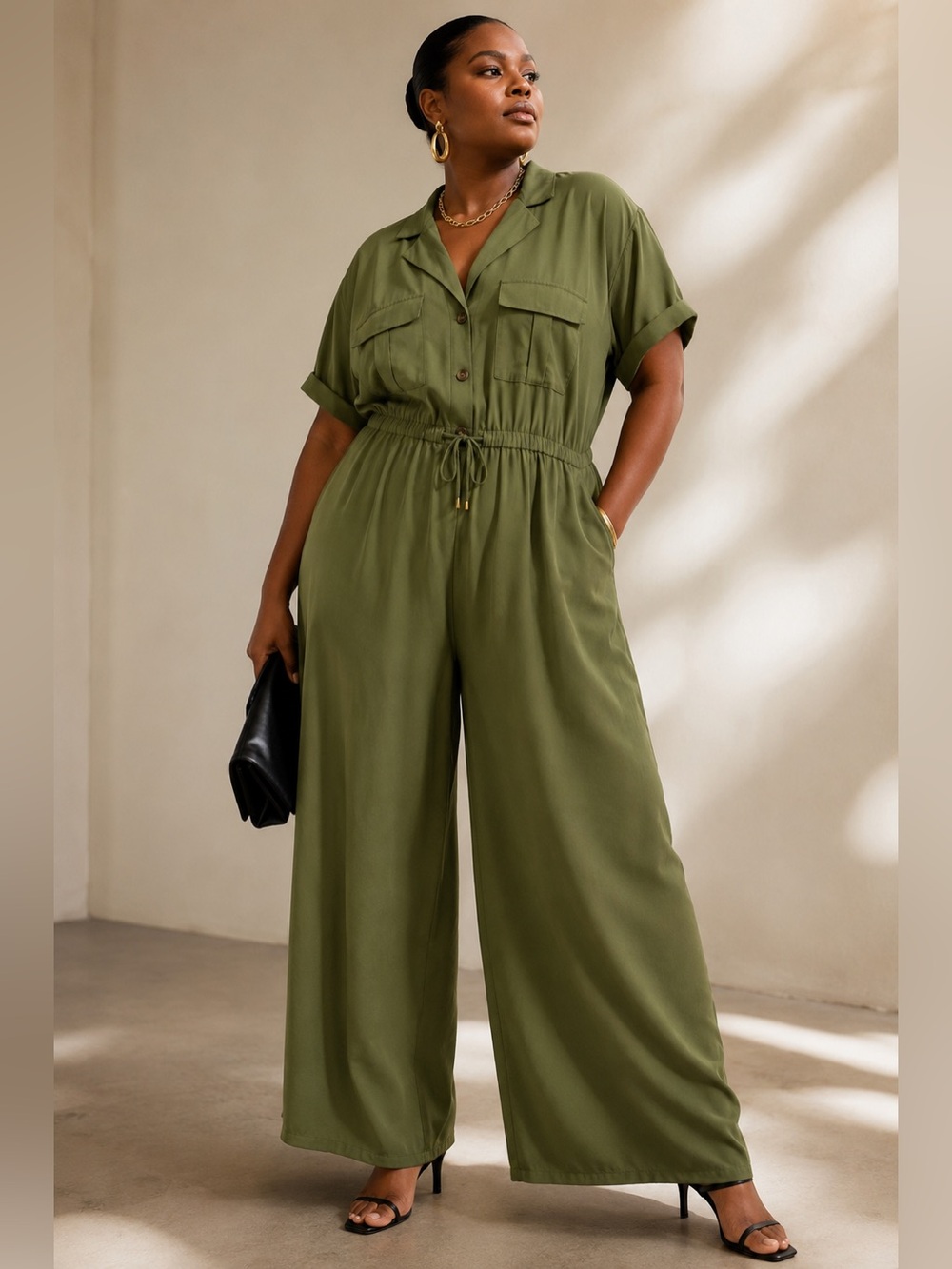 Plus Size Olive Green Utility Jumpsuit 3X Wide Leg Short Sleeve drawstring 3X